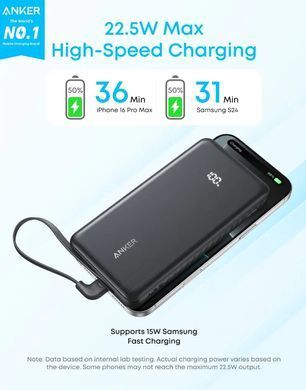 зовн. акум. ANKER - 10000 mAh 22.5W Built-In USB-C Cable (Чорний) A110DH11 фото