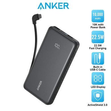 зовн. акум. ANKER - 10000 mAh 22.5W Built-In USB-C Cable (Чорний) A110DH11 фото